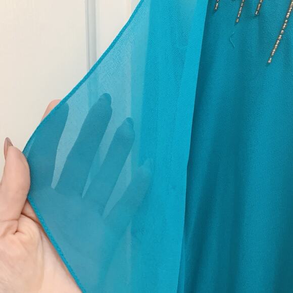 Cache NWT Aqua With Gold Beaded Sequin Chiffon Cocktail Dress Size 10 - Picture 5 of 15